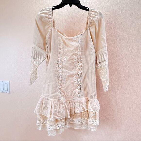 Loveshackfancy Cotton Lace Ruffles Mini Dress 3/4th Sleeves Floral Cream Size 6 - Picture 7 of 16